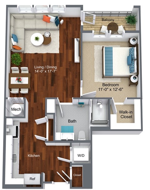 Floor plan for 1 bed, 1 bath, 748 sqft